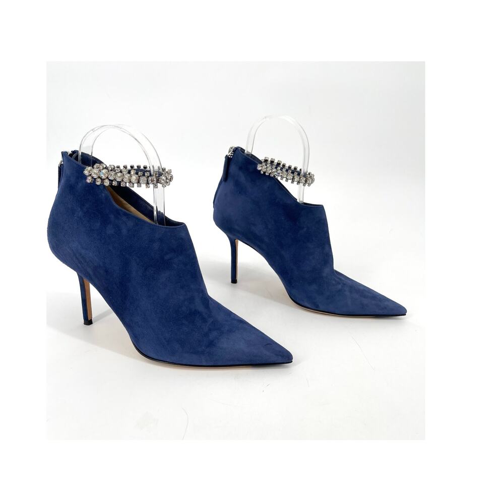 Jimmy Choo Blaize 100 Navy Blue Suede Ankle Bootie Crystal Strap size IT 37